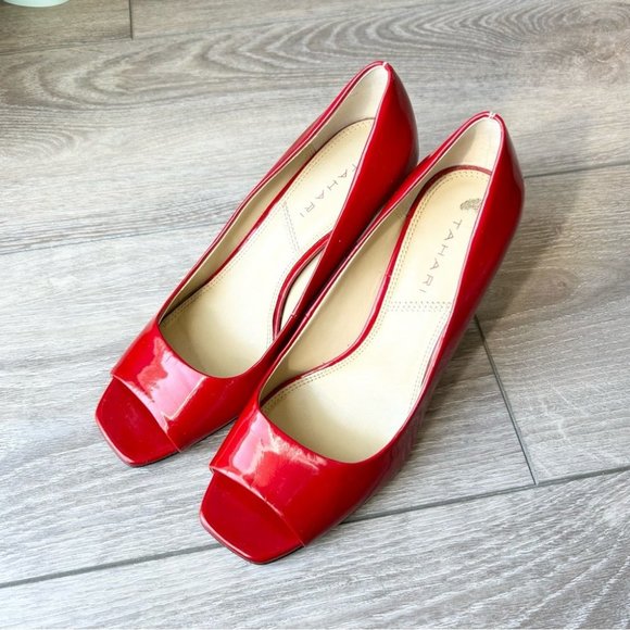 Tahari RIDDLE Red Patent  Leather Heels Open Square Toe Pumps - Picture 1 of 15